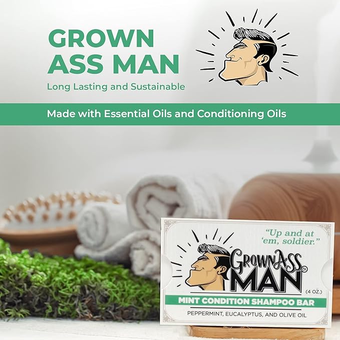 Grown Ass Man Co. Combo Packs - Solid Soap & Shampoo Bars Rich Lather with Natural Oils & Gentle Scrub for Men - Plastic Free & Eco-Friendly, & Organic Deep Clean, 4oz Bars (Mint Condition 3-Pack)