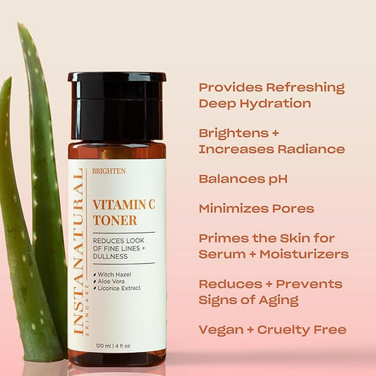 InstaNatural Vitamin C Face Toner, Brightens, Balances pH and Reduces Signs of Aging, Fine Lines and Wrinkles, with Witch Hazel, Lavender and Geranium Oils, 4 Fl Oz