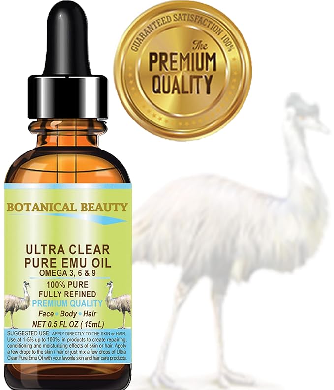 Botanical Beauty PURE EMU OIL ULTRA CLEAR 100% Natural REFINED for FACE, SKIN, BODY, HANDS, FEET, NAILS, HAIR, LIP CARE 0.5 Fl. oz. - 15 ml