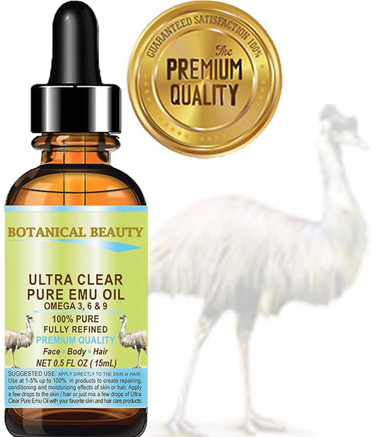 Botanical Beauty PURE EMU OIL ULTRA CLEAR 100% Natural REFINED for FACE, SKIN, BODY, HANDS, FEET, NAILS, HAIR, LIP CARE 0.5 Fl. oz. - 15 ml