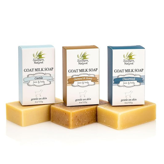 Southern Natural Goat Milk Soap Bar – Unscented Oatmeal & Honey, Castile & Unscented – Handmade for Dry, Sensitive Skin – Face & Body Wash for Men, Women, Kids, Baby – 3 pack (4-4.5 oz)