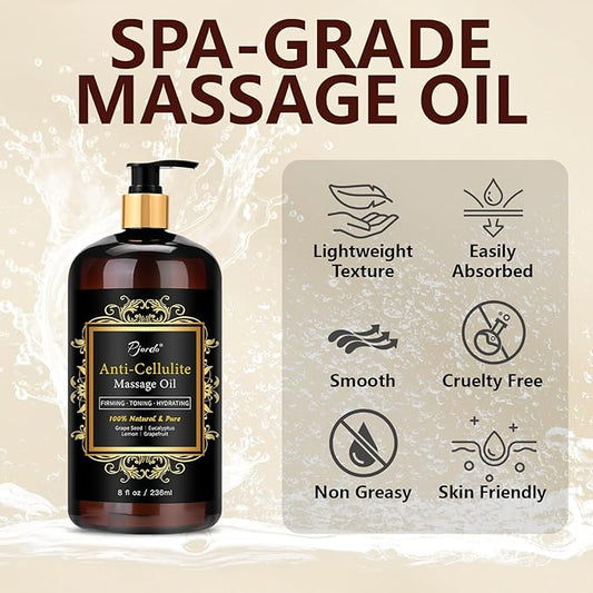 Anti Cellulite Massage Oil for Massage Therapy, 100% Natural & Pure Body Firming Oil for Reducing Cellulite, Firming & Moisturizing Skin, Fast Absorbing, Cellulite Remover for Leg & All Body