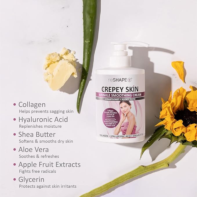 Reshape+ Rose Scented Body Cream, 15 Fl Oz - Wrinkle Treatment Moisturizer for Face, Arms, Neck, & Body with Hyaluronic Acid, Cruelty-Free