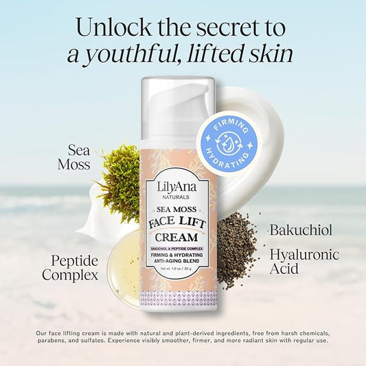 LilyAna Naturals Bakuchiol Face Lift Cream with Sea Moss and Peptide Complex - Face Cream for Women - Moisturizing and Lifting Facial Cream - Anti-Aging Overnight Moisturizer - Made in the USA - 1 oz