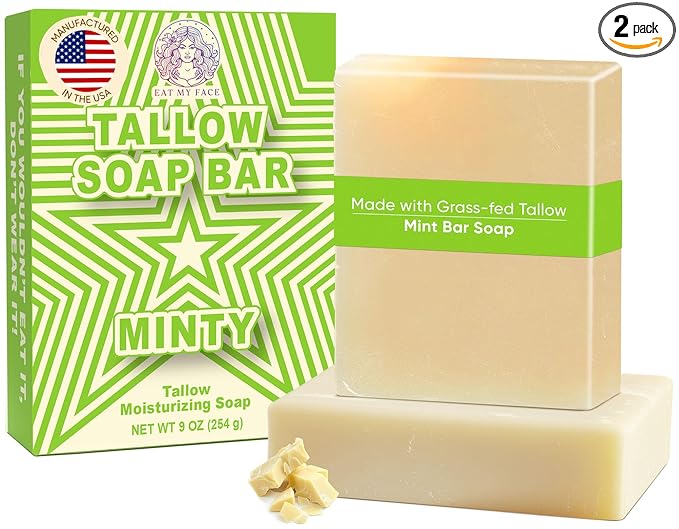 2-Pack Beef Tallow Soap Bar Grass Fed – Organic Body Soaps, Face Tallow Soap Bar for Women – All Natural Soaps for Sensitive Skin, Moisturizing & Nourishing Cleanser for All Skin Types, In Minty Scent