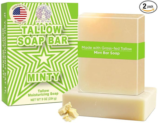 2-Pack Beef Tallow Soap Bar Grass Fed – Organic Body Soaps, Face Tallow Soap Bar for Women – All Natural Soaps for Sensitive Skin, Moisturizing & Nourishing Cleanser for All Skin Types, In Minty Scent