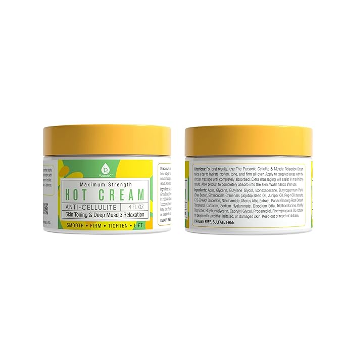 Pursonic Anti Cellulite & Muscle Relaxation Hot Cream, Diminish The Appearance of Varicose Veins, Improves Skin Texture & Tightness, Softens & Hydrates. 4OZ