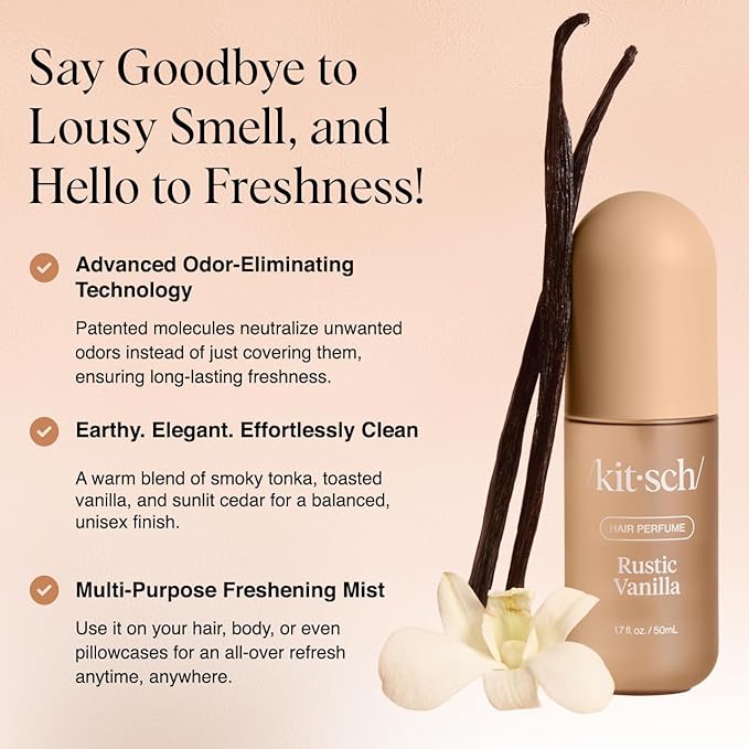 Kitsch Rustic Vanilla Hair Perfume for Women – Clean, Deodorizing & Patented Odor-Eliminating Technology Hair Spray & Body Mist - Warm Tonka, Vanilla Perfume & Cedar Blend - 50 ml