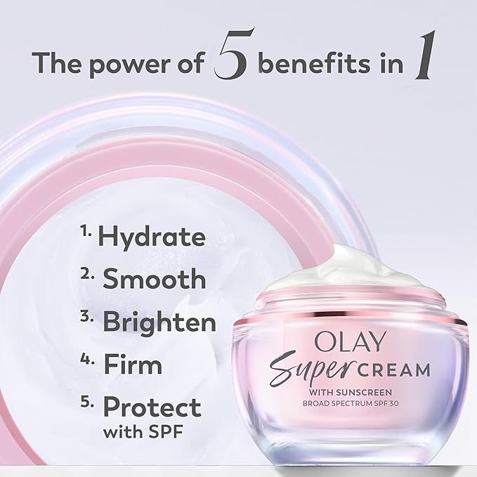 Olay Super Cream with Sunscreen SPF 30, Lightweight Face Moisturizer with Sun Protection, 5-in-1 Skin Care Benefits - Hydrating, Brightening, Firming - Niacinamide, Vitamin C, Collagen Peptide, 1.7 oz