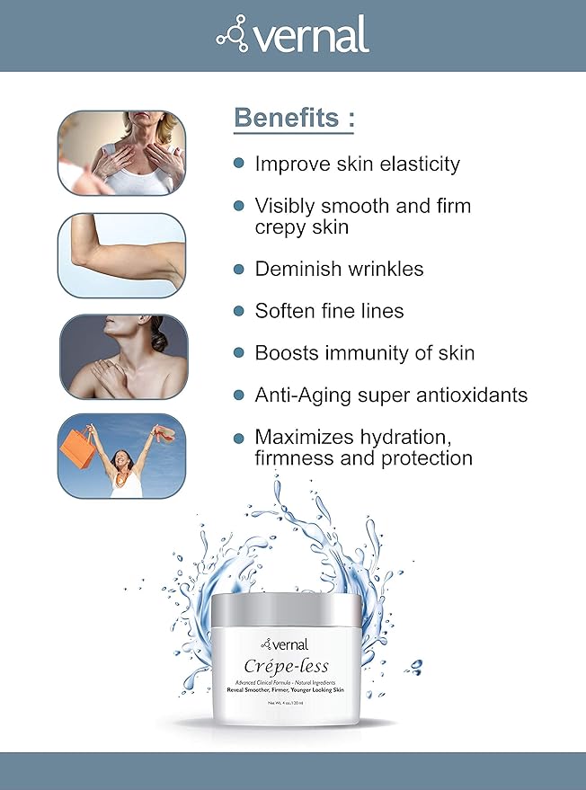 Vernal Crepe-less crepey skin firming cream to reduce crepey arms, neck & hands. Organic tightening cream to reduce thin wrinkled skin on arms, neck and body. Made in USA (4 Oz)
