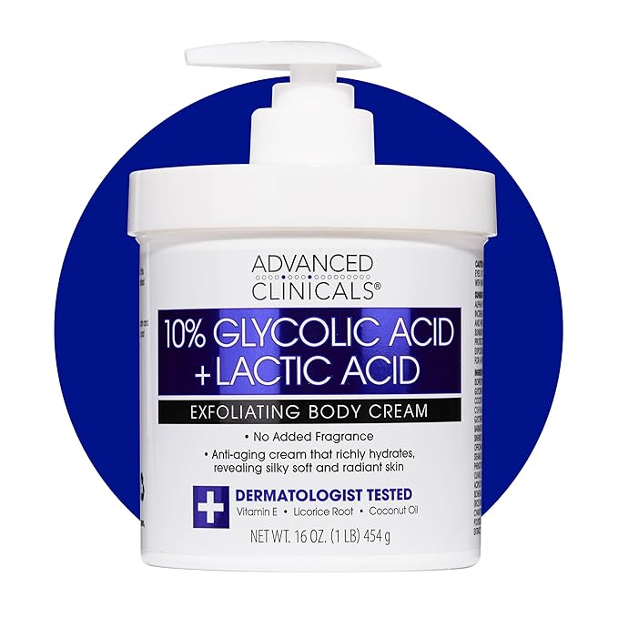 Advanced Clinicals 10% Glycolic Acid + Lactic Acid Lotion Exfoliant Moisturizing Cream With Hyaluronic Acid Moisturizer | AHA Exfoliating Body Cream Improves Look Of Uneven Rough Skin Texture, 16 Oz
