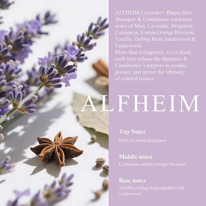 Alfheim Lavender+ Purple Shampoo & Conditioner Set | Neutralize Brassiness & Enhance Cool Tone for Platinum, Silver ＆ Blonde Hair | Anti Brass While Hydrating | Paraben-Free, Color-Safe | 33.8 oz Each