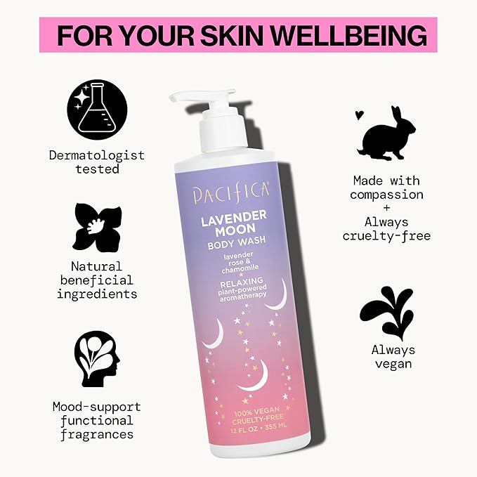 Pacifica Beauty Lavender Moon Body Wash with Pump, Bath and Shower Gel, Hyaluronic Acid, Rose, Chamomile, Moisturizing, Hydrating, Cleansing, Soothing, Calming, Relaxing, Vegan, 12 fl oz (1 Count)
