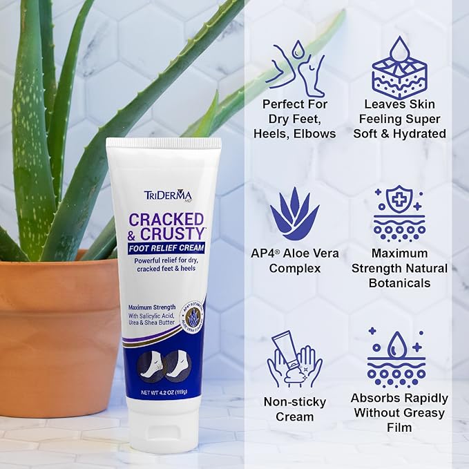 TriDerma Cracked & Crusty™ Healthy Foot Cream Moisturizes, Softens and Heals Dry Feet, Cracked Heels and Dry Elbows with Salicylic Acid, Urea, Shea Butter, AP4 Aloe and Vitamins, 4.2 Ounces
