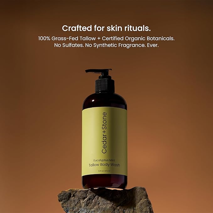 Cedar + Stone Tallow Body Wash – Liquid Tallow Soap & Shower Gel with USDA Organic Oils – Deeply Moisturizing, Sulfate-Free Cleanser for Sensitive Skin – Eucalyptus & Mint – Made in USA, 16oz