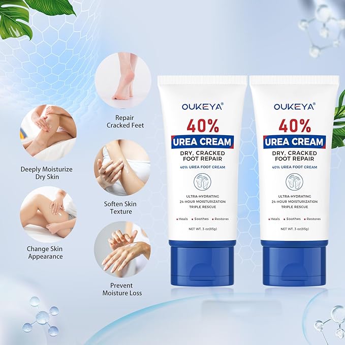 OUKEYA Urea Cream 40 Percent Tube 3 Oz, Foot & Hand Cream for Dry Cracked,40 per Urea Lotion for Feet Maximum Strength, 2 Pack