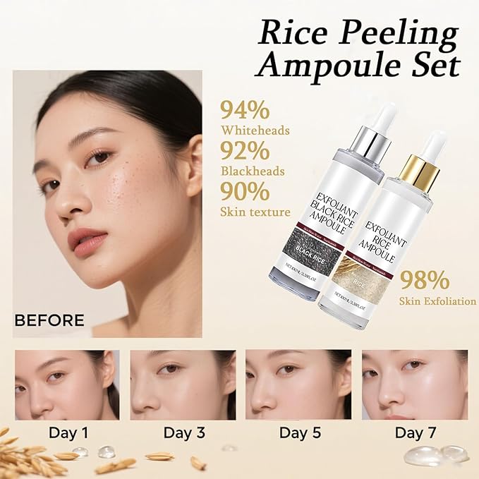 Glow Rice Ampoule Duo Day & Night - 2PCS White & Black Rice Peeling Ampoule for Face & Body, Gentle Peel to Remove Dead Skin & Blackheads, Rejuvenating Hydration Exfoliant for All Skin Types 100ml