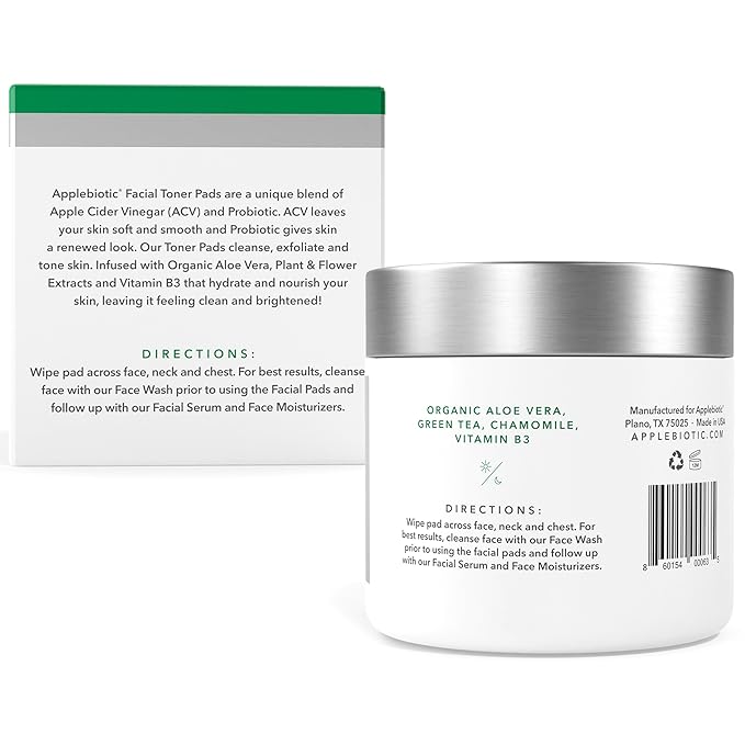 Apple Cider Vinegar Face Toner Pads - Exfoliating & Hydrating Toner for All Skin Types, Probiotic Extract, Aloe, Green Tea - Pack of 2