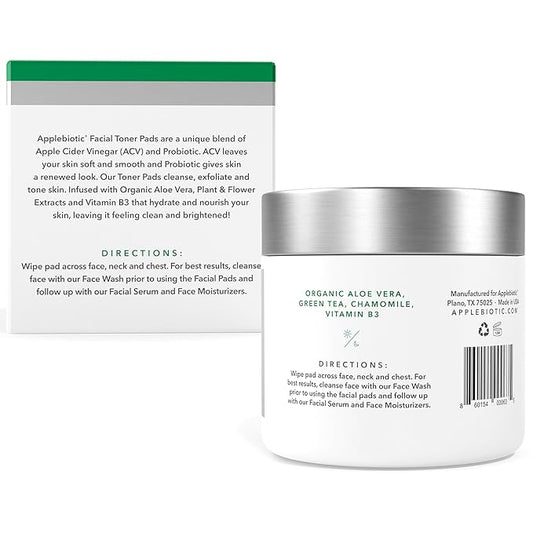 Apple Cider Vinegar Face Toner Pads - Exfoliating & Hydrating Toner for All Skin Types, Probiotic Extract, Aloe, Green Tea - Pack of 2