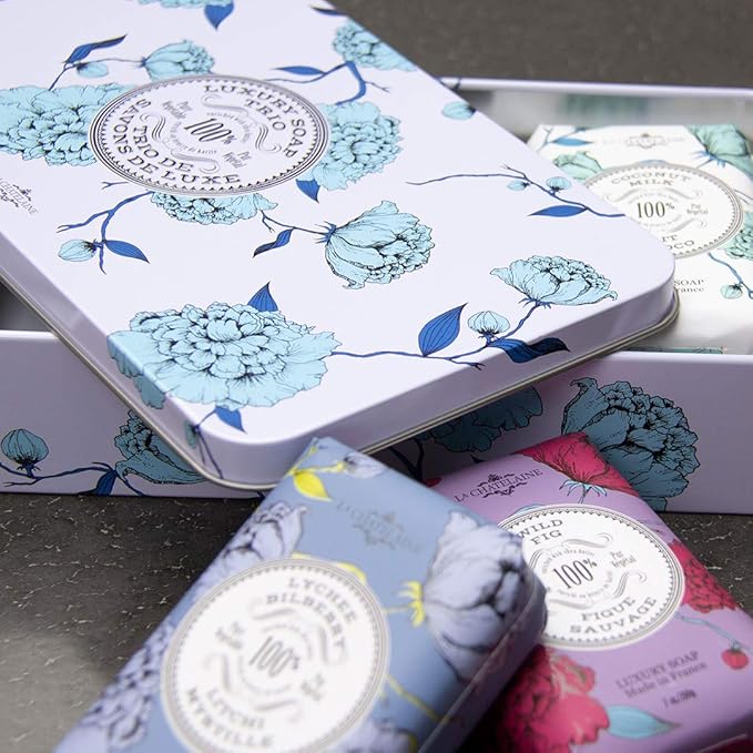 La Chatelaine Luxury Bar Soap Trio Gift Set Tin – Winter White | Made in France | Natural and Organic Soap Bars | Shea Butter Formula | 3 x 7 oz / 200g (Cherry Almond, Coconut Milk, Lychee Bilberry)