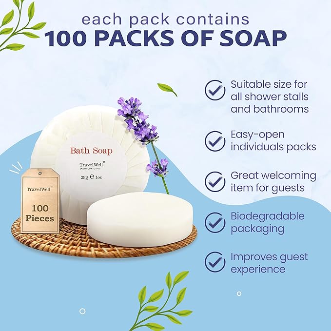 ECO Amenities Bath Soaps for Hotels - 100-Count, 1 oz - Individually Wrapped Bulk Mini Soap Bars for Guest & Travel Use