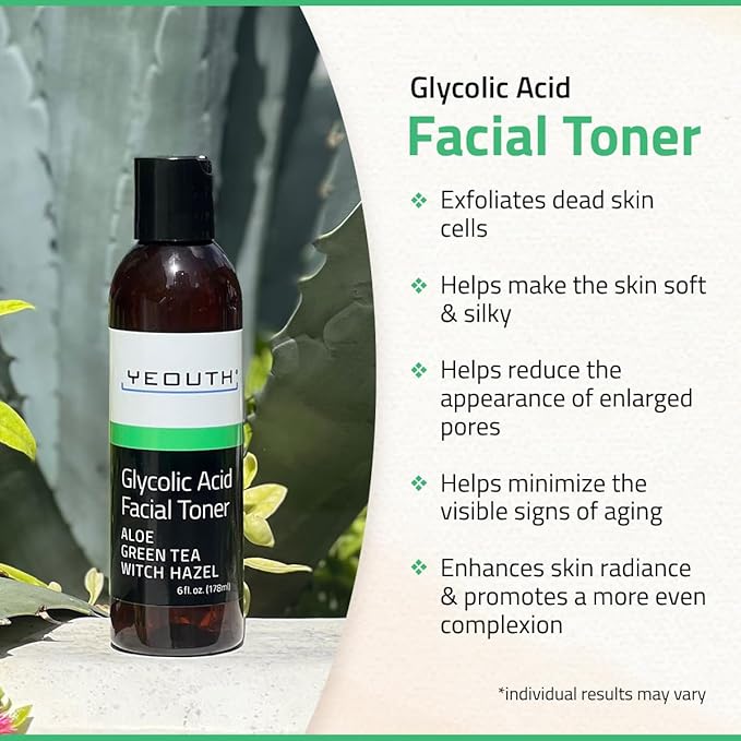YEOUTH Glycolic Acid Toner for Face 8% with Witch Hazel, Hydrating Face Toner for Women and Men, Gentle AHA Exfoliant for Smoother-Looking Skin 6oz