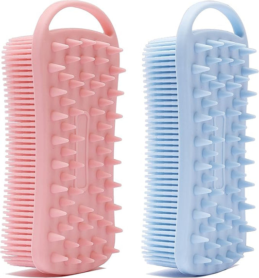2 PC Silicone Exfoliating Body Scrubber, 2 in 1 Silicone Body Shampoo Brush, Soft Silicone Loofah for Sensitive Skin, Shower Silicone Hair Scalp Massager, Easy to Clean, Lather Well (Pink&Blue)