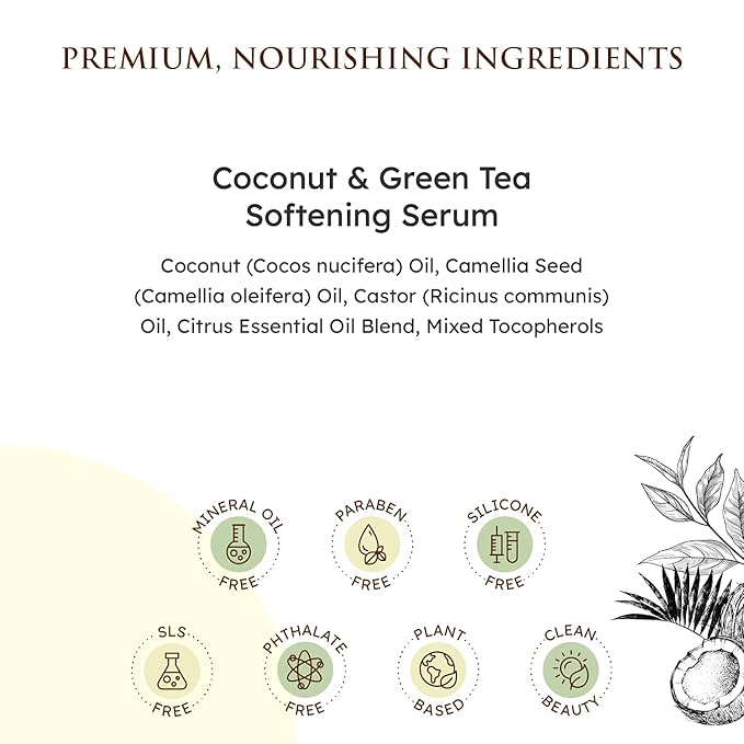 Qhemet Biologics Coconut & Green Tea Softening Serum - Lightweight Hair Serum to Soften, Smooth & Revitalize Dry Hair - Adds Slip and Shine to Thin, Fine, Low Porosity Strands (2 oz)