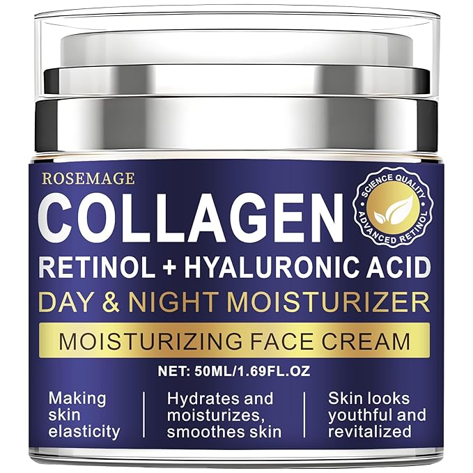 Rosemage Collagen Retinol Face Cream with Hyaluronic Acid, Day and Night Moisturizer for Anti-Aging, Hydrating Face Cream, 1.69 Fl Oz