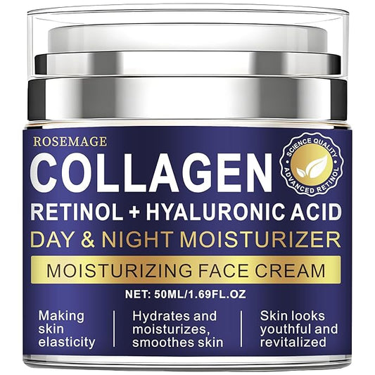 Rosemage Collagen Retinol Face Cream with Hyaluronic Acid, Day and Night Moisturizer for Anti-Aging, Hydrating Face Cream, 1.69 Fl Oz