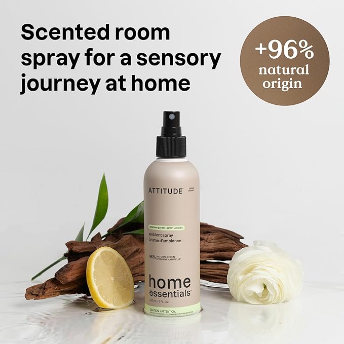 ATTITUDE Scented Room and Air Freshner Spray, for Home and Bathroom, Natural Origin Ingredients, Vegan,Floral and Woody Scent, Japanese Garden, 8 Fl Oz