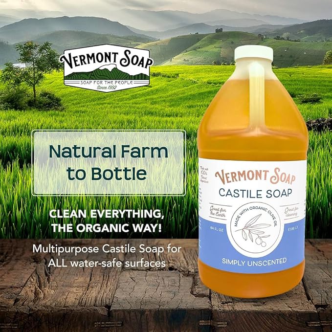 Vermont Castile Soap Unscented, Gentle Liquid Soap for Sensitive Skin & Natural Body Wash, Organic Hair Shampoo for Oily Hair, Aloe Castile Soap for Men & Women - 64 Oz
