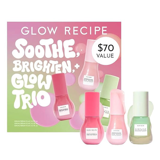 Glow Recipe Soothe, Glow & Bright Gift Set - Niacinamide Dew Drops Illuminating Primer & Avocado Ceramide Facial Serum & Guava Dark Spot Serum - Korean Skincare Travel Kit (3 Count)