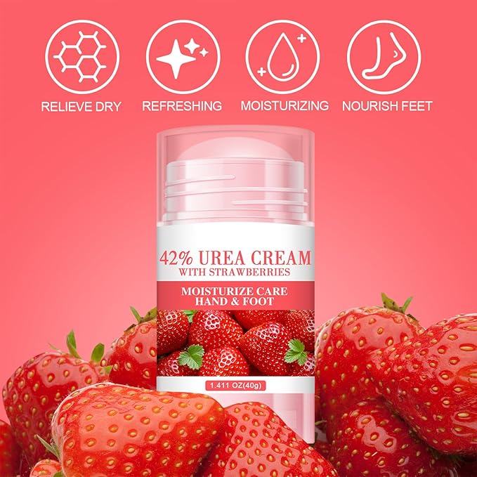 60% Urea Cream - 1.41 oz Strawberry Foot Hand Cream Stick for Dry & Cracked Feet Elbows Knees Heels Hands, Hydrates & Nourish Foot Care for Softening and Moisturizing, Removing Calloused Skin