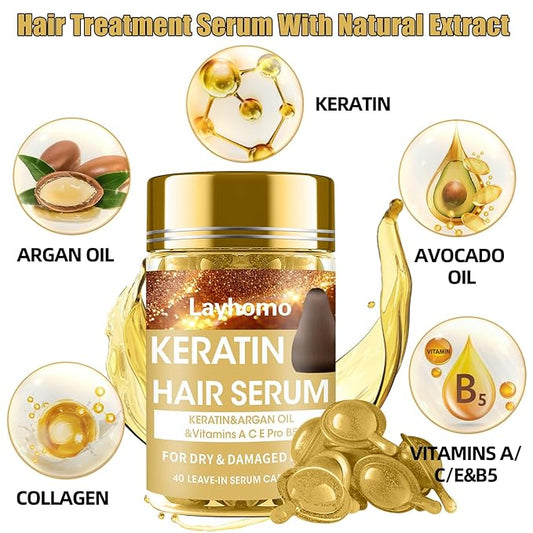 Keratin Hair Treatment Serum,Hair Oil Treatment for Dry Damaged Hair,Hair Oil Capsules with Keratin,Argan Oil-Leave-in Anti Frizz Conditioner with Vitamins A, C, E & B5- No Rinse for All Hair Types