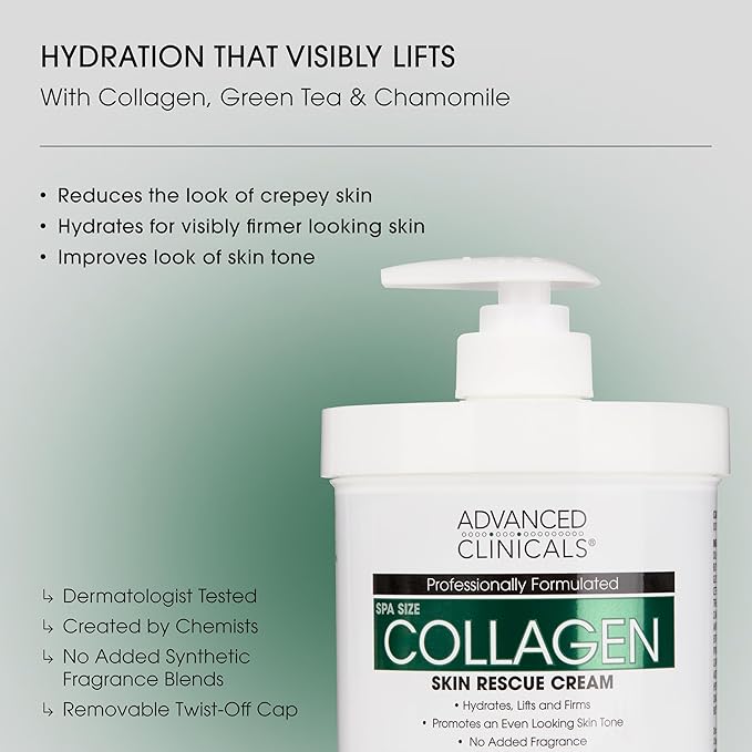 Advanced Clinicals Collagen Cream Body Lotion & Face Moisturizer W/Vitamin E | Skincare Collagen Lotion For Women, Men, Hand, & Neck Improves Look Of Crepe Skin & Uneven Dry Skin, 16Oz + Travel Size