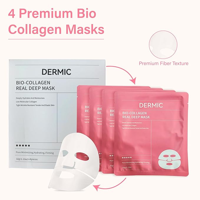 Bio-Collagen Face Mask – Hydrating & Firming Korean Sheet Mask with Hyaluronic Acid, Anti-Aging Overnight Skincare, Pore Minimizing & Moisturizing Treatment, 32g, 4 Pack