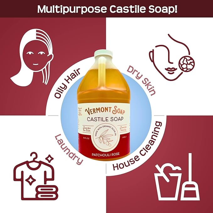 Vermont Castile Soap Patchouli Rose, Gentle Liquid Soap for Sensitive Skin & Natural Body Wash, Organic Hair Shampoo for Oily Hair, Aloe Castile Soap for Men & Women - 64 Oz