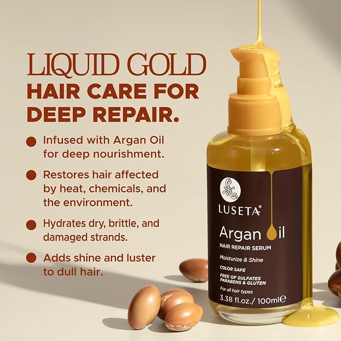 L LUSETA Argan Oil Hair Serum, 100% Pure Argan Oil for Frizzy Control Dry Damage , Repair, Shine Smoothing Strengthening & Nourishing, 3.38 Fluid Ounces