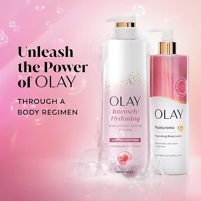 Olay Body Wash for Women, Intensely Hydrating, Pro-Hyaluronic Acid Serum Complex, Renews Moisture, Vitamin B3 Lameller Technology, For All Skin Types, Strawberry Summer Fizz Scent, 20 fl oz