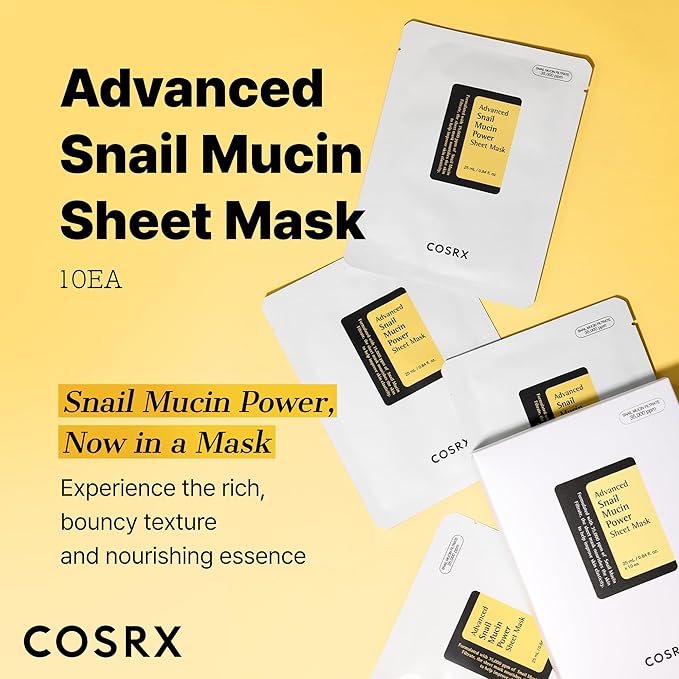 COSRX Snail Mucin Sheet Mask 10 EA with Snail Mucin Serum, Self Care, Face Masks for Dry, Sensitive Skin, Not Tested on Animals, No Parabens, No Sulfates, Korean Skin Care