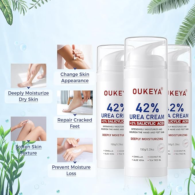 OUKEYA Urea Cream 42 Percent For Feet Plus 2% Salicylic Acid 5.29 oz, Foot Cream and Hand Cream Maximum Strength Intensive Repair Treatment, 3 Pack