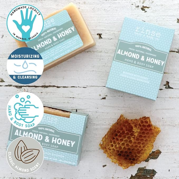 Rinse Bath & Body Almond and Honey Soap - Handmade Castile Soap w/Local Honey | Naturally Moisturizing Bar Soap | Shea & Cocoa Butter | Essential Oils | Natural Soap | Vegan | Gluten Free | 4.25oz