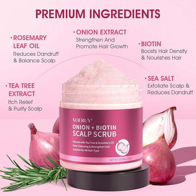 Scalp Scrub, Onion Scalp Exfoliator Shampoo, 2-in-1 Scalp Treatment with Biotin, Hair Treatment to Clarify and Remove Build Up, 10.6oz/300g