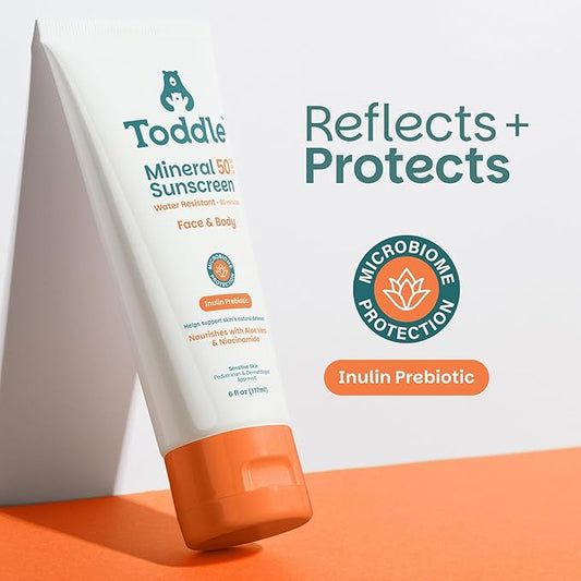 Prebiotic Mineral Sunscreen SPF 50 for Kids & Baby, Face & Body Sun Protection, Reef Safe, Non-Toxic Zinc Oxide Broad Spectrum, Water-Resistant, No White Cast, 6oz