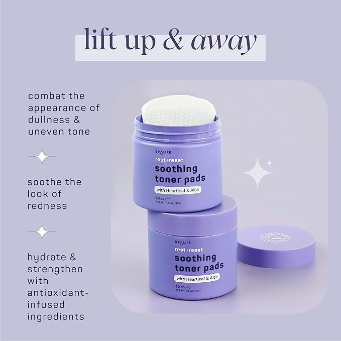 SpaLife Beauty Rest & Reset Toner Pads – for Uneven Skin Tone, Redness, Clogged Pores, Dehydrated Skin with Aloe, Heartleaf, & Purslane – Toner Pad for Face, Pre-Soaked Pads