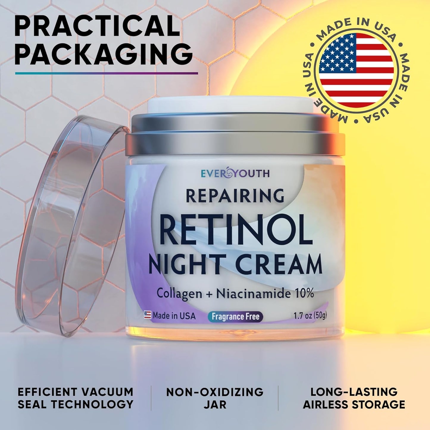 Retinol Night Cream for Women – Anti-Aging Face Moisturizer with Collagen & Niacinamide – Hydrating Overnight Facial Cream for Wrinkles, Fine Lines & Dark Spots – Made in USA, 1.7oz