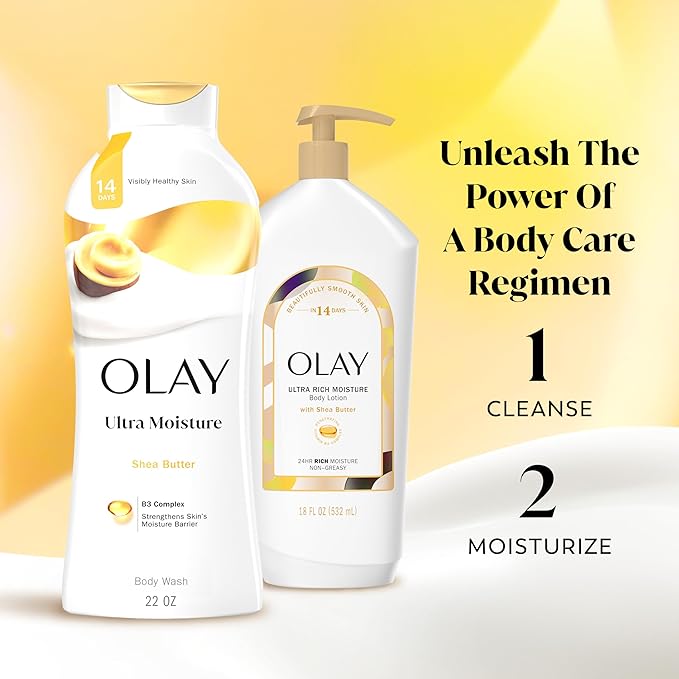 Olay Body Wash for Women, Ultra Moisture, 24hr Moisturizing, Hydrating & Refreshing, B3 Vitamin Complex, Free of Parabens & Phthalates, For All Skin Types, Shea Butter Scent, 22 fl oz (Pack of 4)