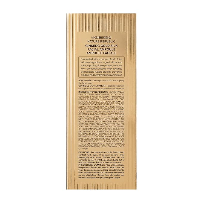 Nature Republic Ginseng Gold Silk Facial Ampoule, Hydrating moisturizer for face, Niacinamide & Silk Amino Acid, Royal Jelly Extract, Korean Skin Care for all skin types 100 ml / 3.38 Fl. oz.