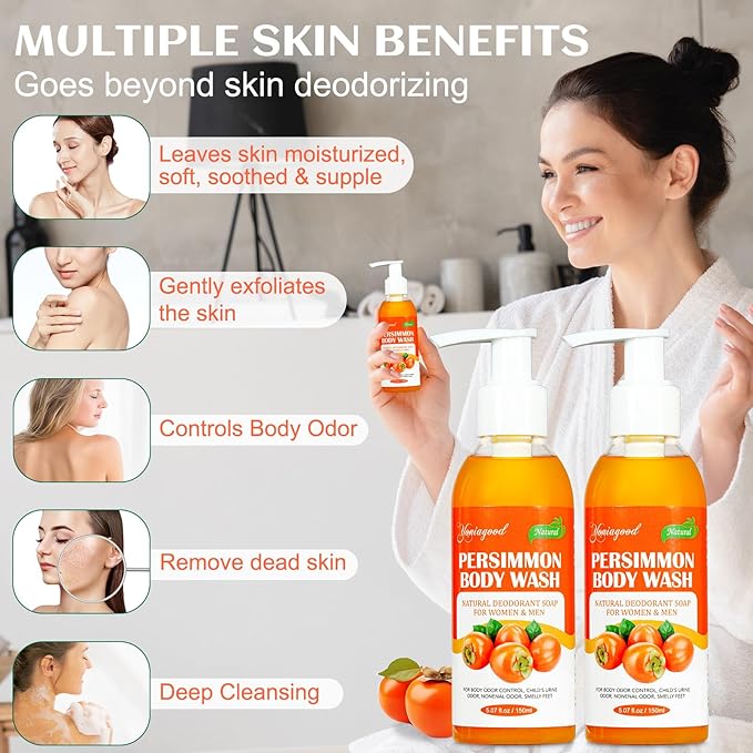 2 PCS Persimmon Body Wash for Strong Odor Control, Natural Persimmon Soap Bar Old People Smell Remover, Smelly Feet Deodorant Body Odor Eliminator, Body Wash Gel for Women & Men